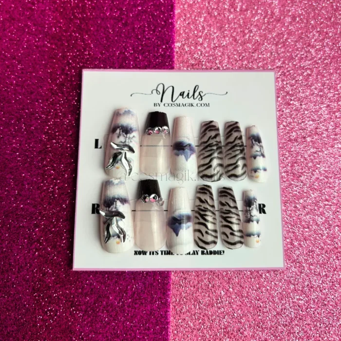 Reusable black and white striped press-on nails – Nails by Cosmagik Pakistan