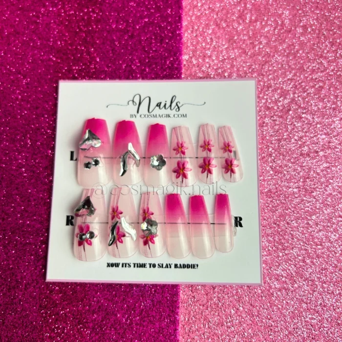 Reusable sparkly pink press-on nails with rhinestones – Nails by Cosmagik Pakistan