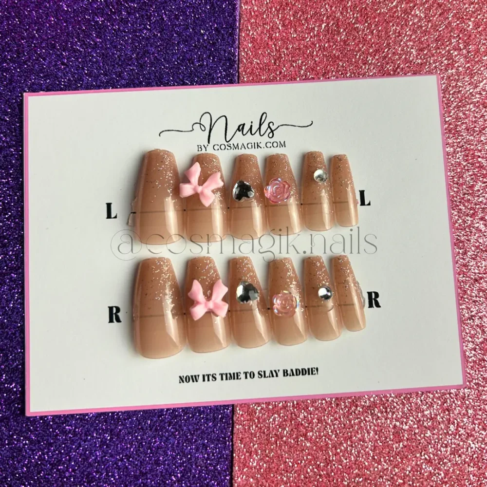 Reusable blush pink press-on nails with 3D bow accents – Nails by Cosmagik Pakistan