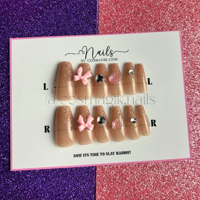Reusable blush pink press-on nails with 3D bow accents – Nails by Cosmagik Pakistan