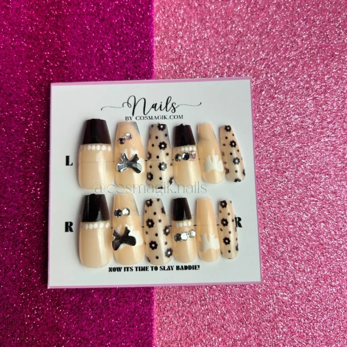nude and black press-on nails with glossy finish – Nails by Cosmagik Pakistan