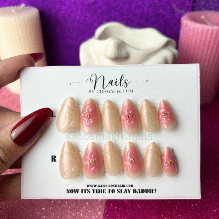 “Blush in Bloom press-on nails by Nails by Cosmagik – reusable blush pink floral nails with soft glam finish in Pakistan”