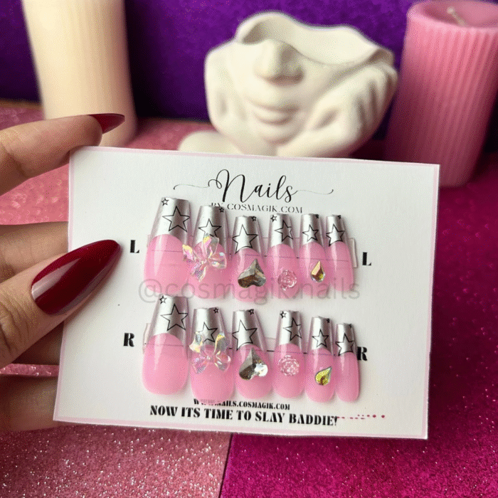 "Girly Pop press-on nails by Nails by Cosmagik – pink reusable nails for baddies in Pakistan”