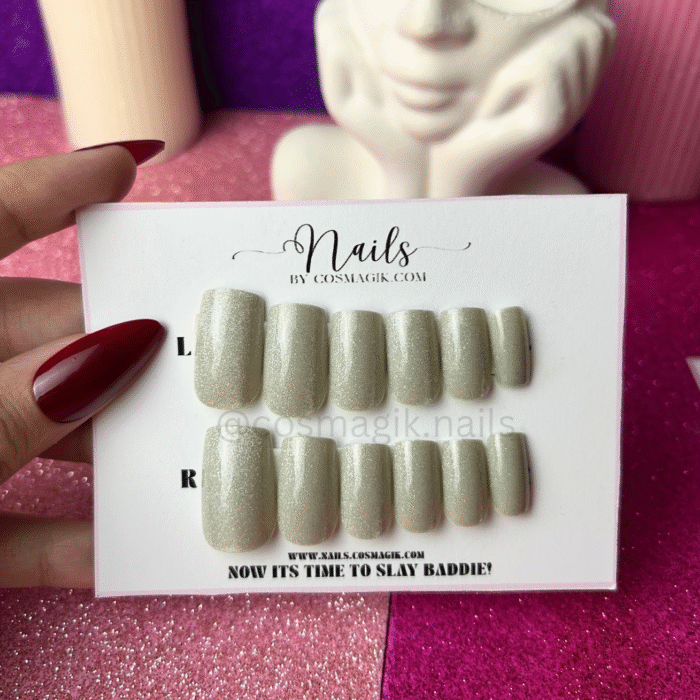 Olive green cat eye press-on nails by Cosmagik – reusable, baddie glam nails for Pakistani events