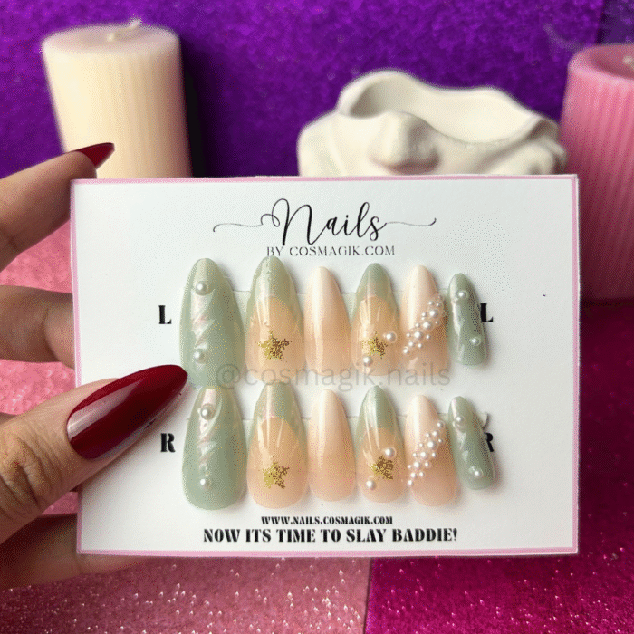 “Mermaid Mist press-on nails by Nails by Cosmagik – reusable shimmer chrome nails with iridescent finish in Pakistan”