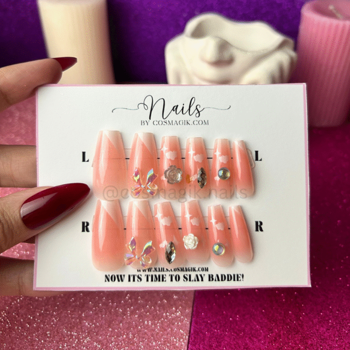 “Peach Dazzle reusable press-on nails in almond shape – Nails by Cosmagik Pakistan”