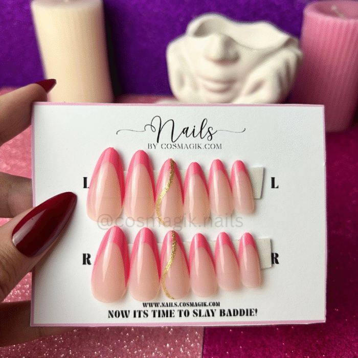 Reusable blush pink press-on nails by Nails by Cosmagik – soft glam almond shape nails for weddings and everyday