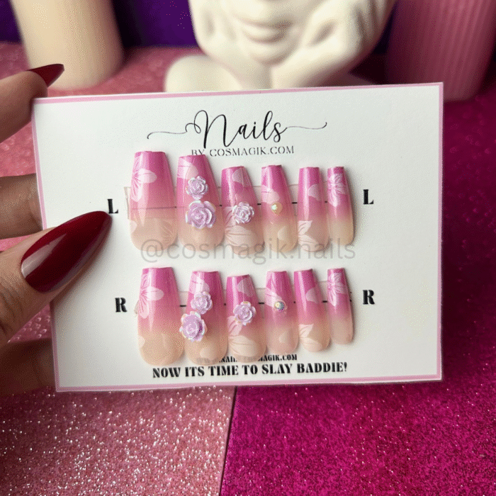 Purple Rosaria press-on nails by Nails by Cosmagik – reusable floral nails for Pakistani weddings and parties”