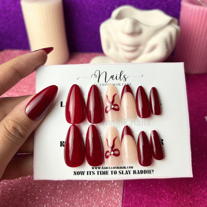 “Red Velvet Wrap press-on nails by Nails by Cosmagik – reusable red glam nails for parties, weddings, and events in Pakistan