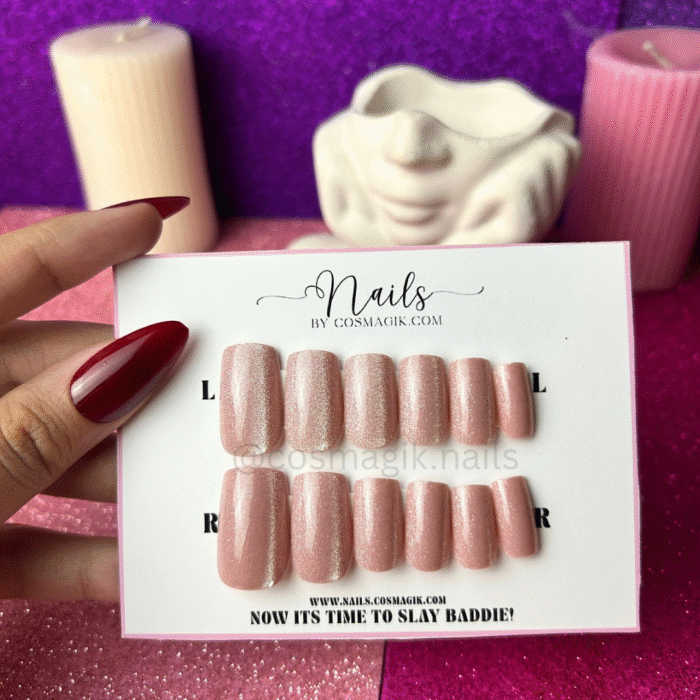 “Rose Gold Cat Eye press-on nails by Nails by Cosmagik – reusable metallic nails with shimmer for weddings and parties in Pakistan”