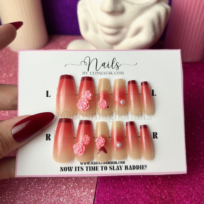 “Ruby Rose red press-on nails by Nails by Cosmagik – reusable glossy red nails for weddings, parties, and glam in Pakistan”